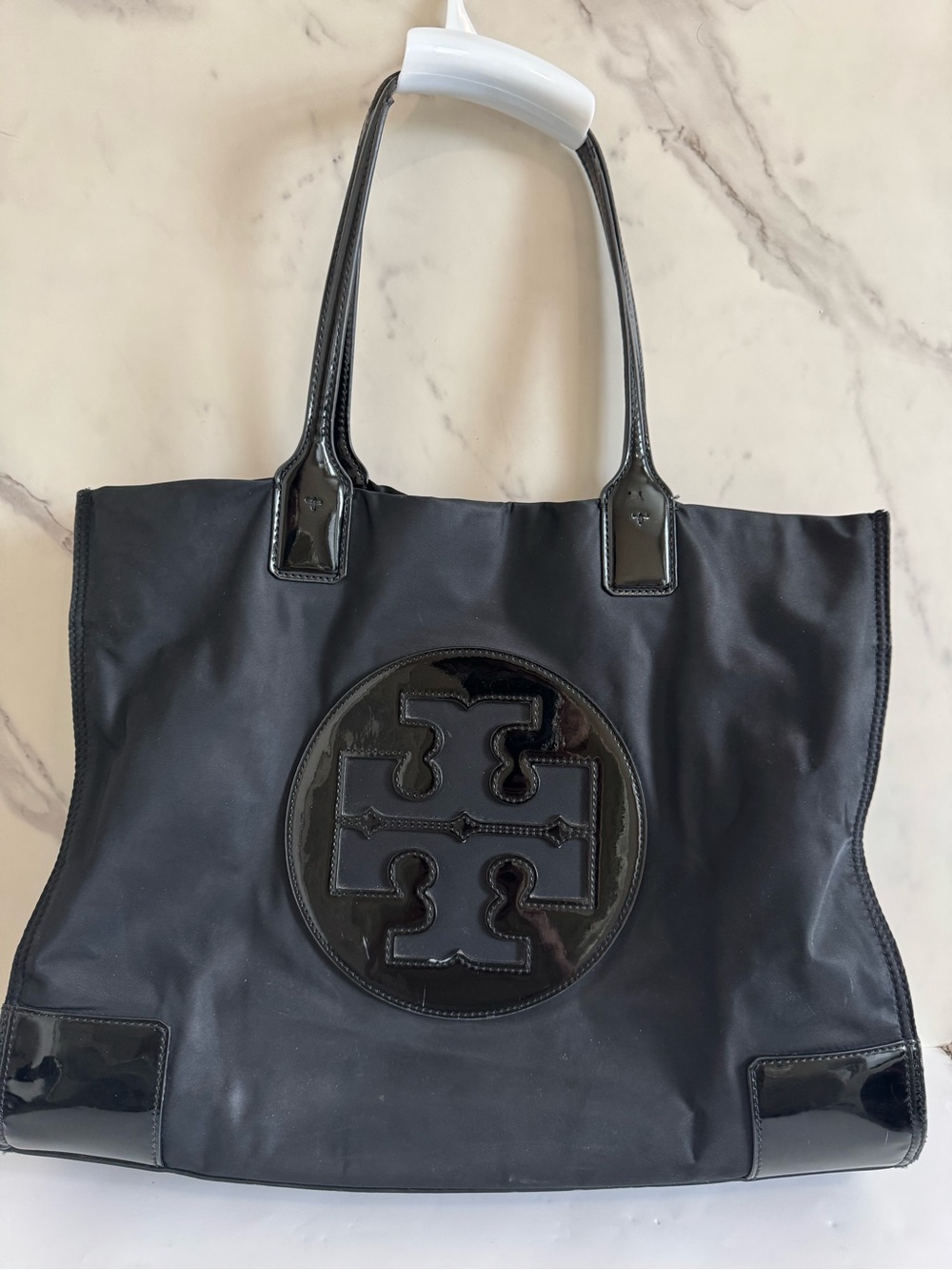 Tory Burch Black Nylon Tote with Patent Trim and Logo